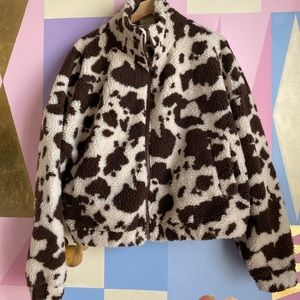 Teddy Bear Fabric Zip Up Cow Print Jacket